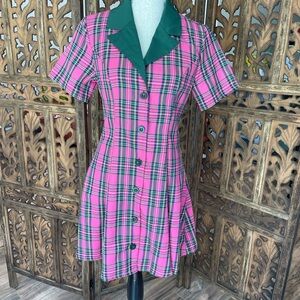 Punk Style Pink Plaid Button-Up Dress with Green Collar